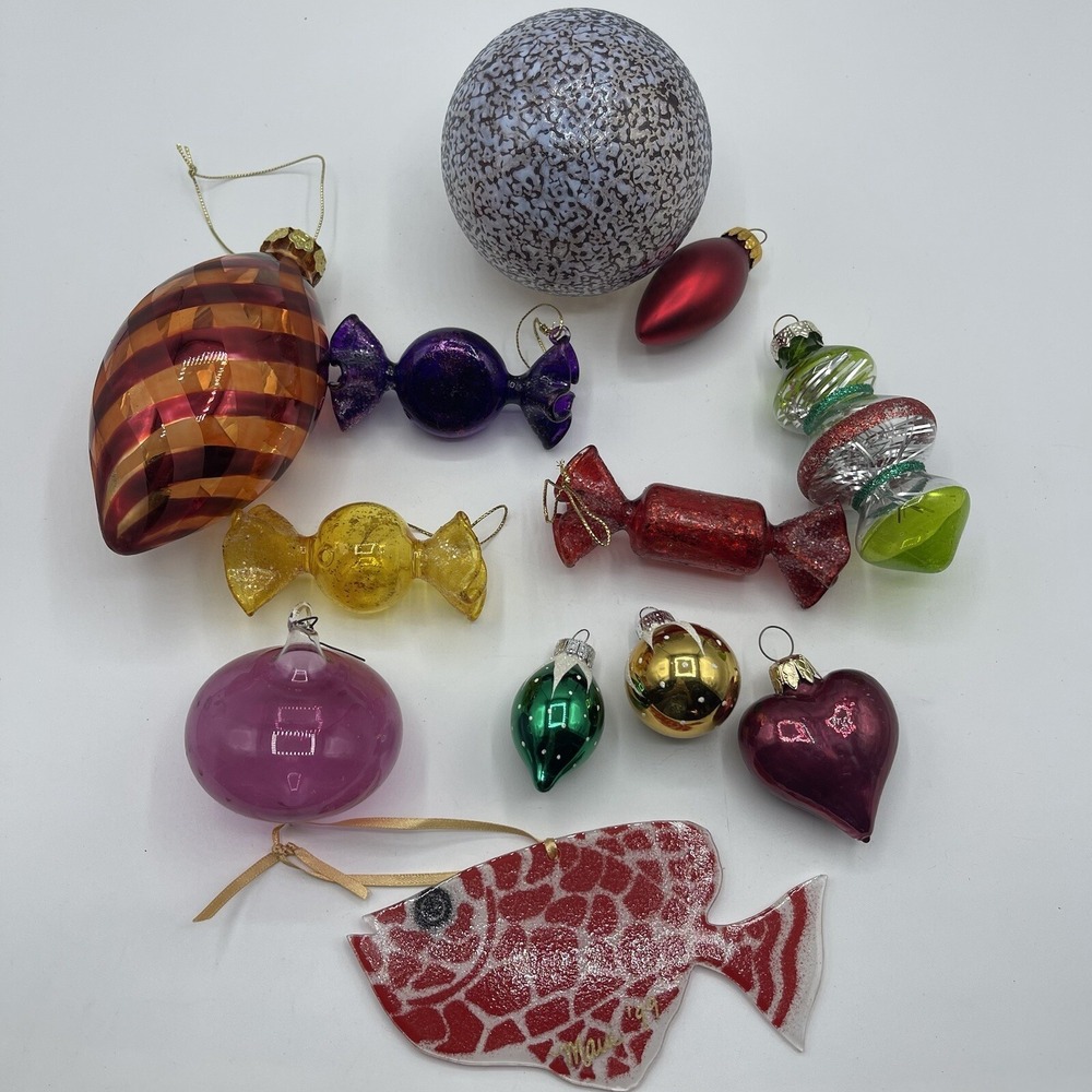 Vintage Colorful Art Glass Wrapped Candy Christmas Tree Ornaments & More 12 Pcs